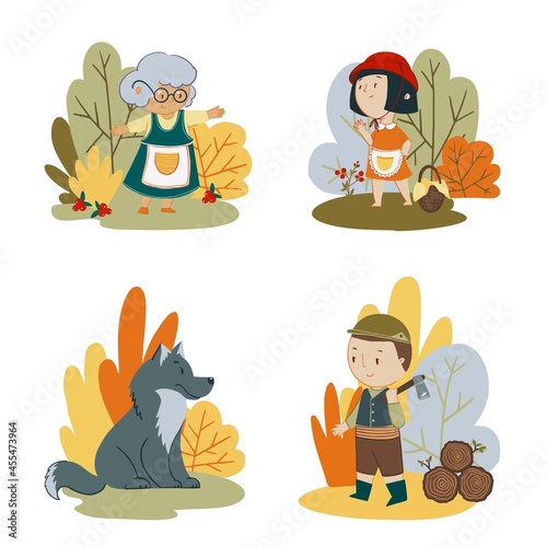 Vector set of fairytale characters Red riding hood. Grandma, wolf and lumberjack 