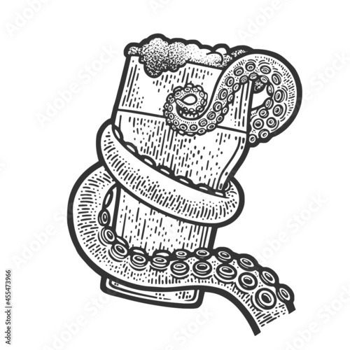 Octopus tentacle holding glass of beer sketch engraving vector illustration. T-shirt apparel print design. Scratch board imitation. Black and white hand drawn image.
