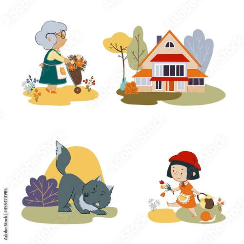 Vector set of fairytale characters Red riding hood. Little girl, grandma and wolf