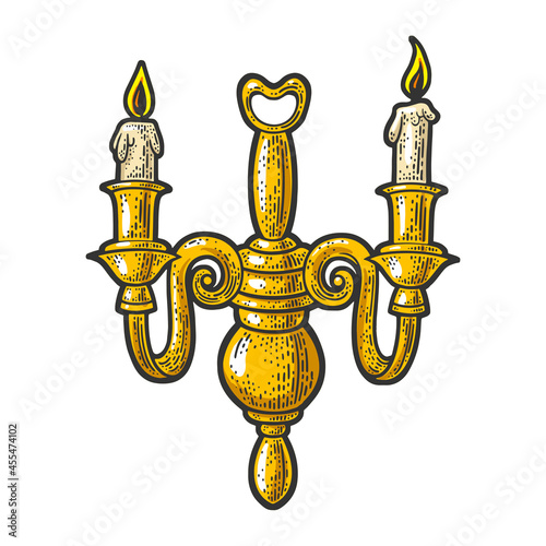 Old golden candelabrum candlestick color sketch engraving vector illustration. T-shirt apparel print design. Scratch board imitation. Black and white hand drawn image.