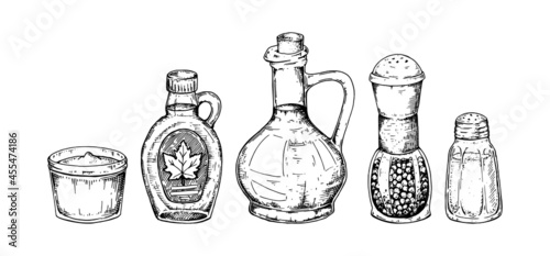 Set of hand drawn seasonings. Vector illustration in sketch style