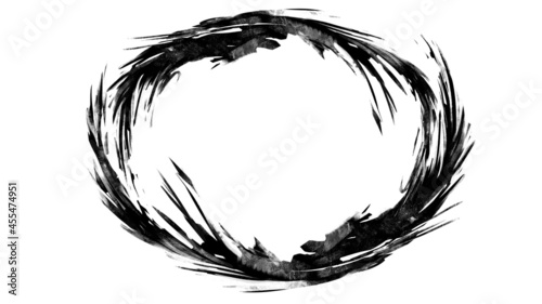 Dirty tattoo sketch.a sharp circle of two halves in the shape of a moon on a white background. it has a ragged edge and a beautiful texture.blob ink graphics.2d art.