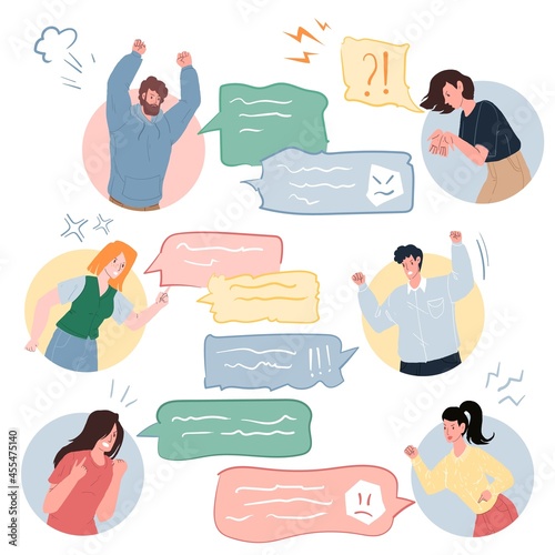 Vector cartoon flat characters quarreling using text messages in online conversation,different persons and poses.Communication,anger management and social behavior concept,web site banner ad design