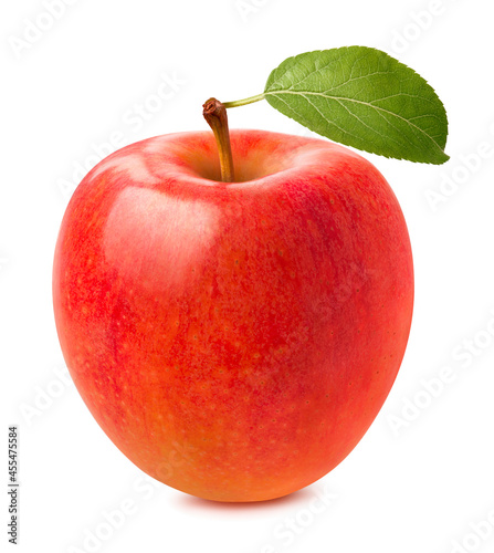 Single red apple with green leaf isolated on white background