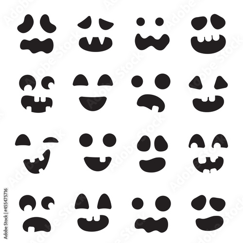 Set of carved silhouettes faces pumpkins. Template with variety of eyes and mouths for cut out jack o lantern. Scary and funny faces of Halloween pumpkin. Black icons isolated on a white background.