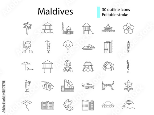 Maldives culture outline icons set. Exotic travel guide. Tropical resort. Editable stroke. Isolated vector illustration