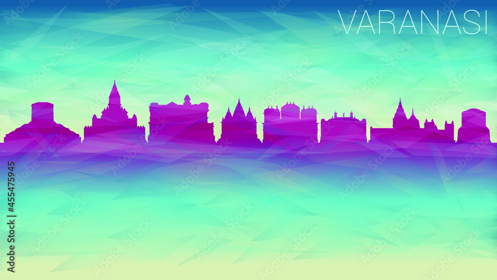 Varanasi India Skyline City Silhouette. Broken Glass Abstract Geometric Dynamic Textured. Banner Background. Colorful Shape Composition.