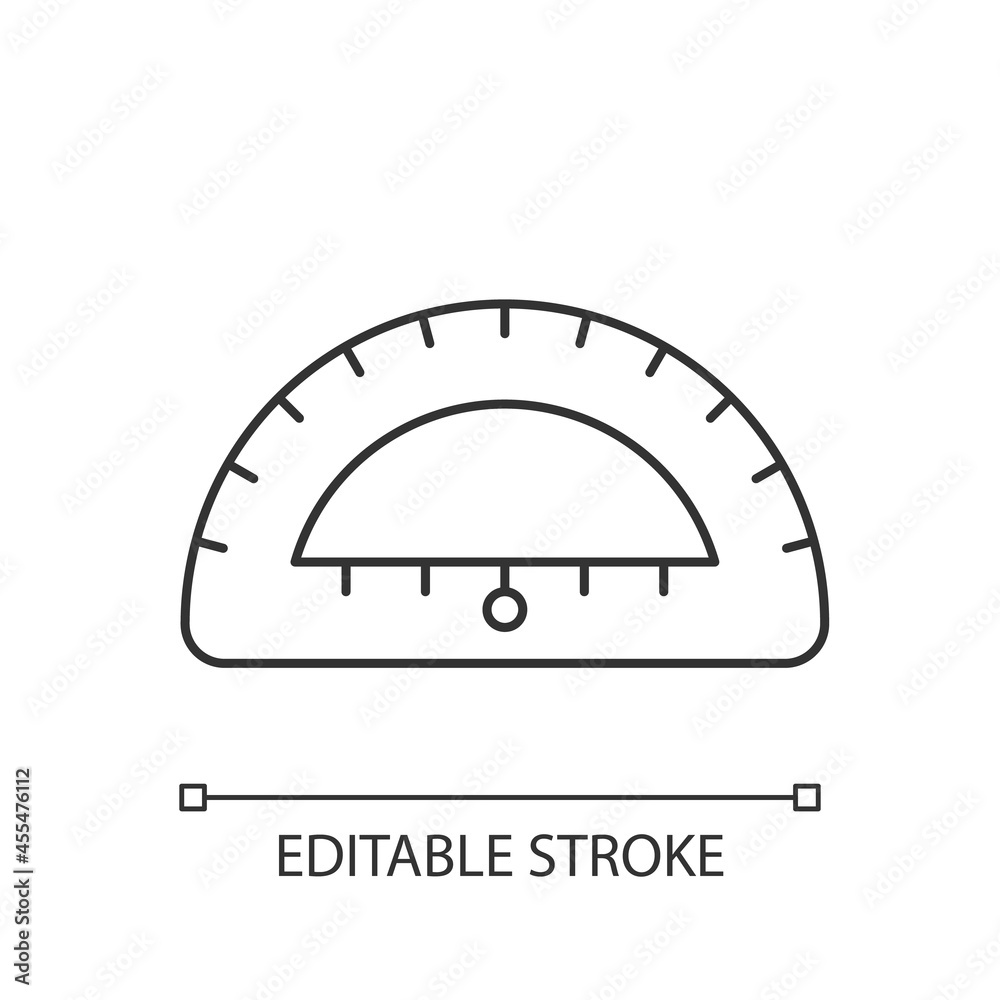 Protractor linear icon. Instrument for constructing, measuring angles. Simple half-disc. Thin line customizable illustration. Contour symbol. Vector isolated outline drawing. Editable stroke Protractor linear icon. Instrument for constructing, measuring angles. Simple half-disc. Thin line customizable illustration. Contour symbol. Vector isolated outline drawing. Editable stroke