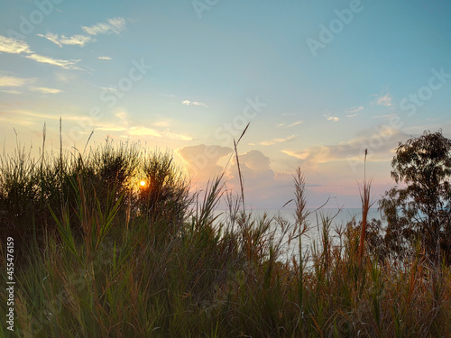 Sunset sun shines through grass greenery with scenic cloudy pastel sky. Coast of Lefkada island in Greece. Summer vacation travel to Ionian Sea