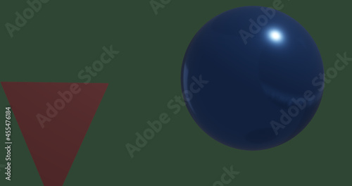 Render with blue sphere and red triangle on green background
