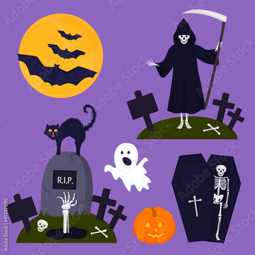 Happy Halloween party decoration. A skeleton in a coffin. Death with a scythe. Cat, ghost, pumpkin, bat