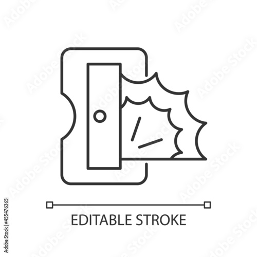 Pencil sharpener linear icon. Sharpening pencil writing point. Cutting wood away from graphite. Thin line customizable illustration. Contour symbol. Vector isolated outline drawing. Editable stroke