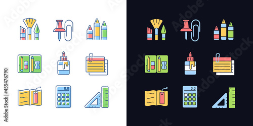 School essential equipment light and dark theme RGB color icons set. Paint brush. Office supply. Pencil pouch. Isolated vector illustrations on white and black space. Simple filled line drawings pack