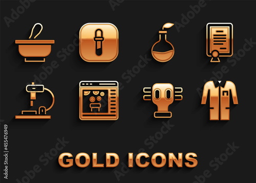 Set Chemical online, Certificate template, Laboratory uniform, Gas mask, Microscope, Plant breeding, Mortar and pestle and Pipette icon. Vector