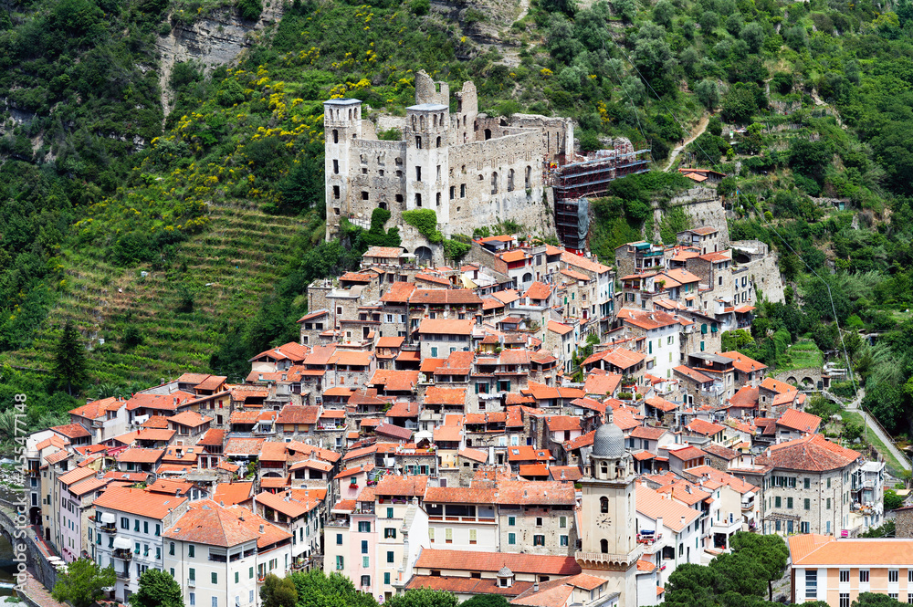 Italy. Ligure. Dolceaqua. The village and the ruins of the castle