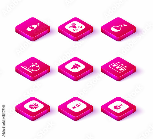 Set Salt stone, Pipette, Microscope, Funnel or filter, Cracked flask, Test tube and, Plant breeding and Medicine pill tablet icon. Vector