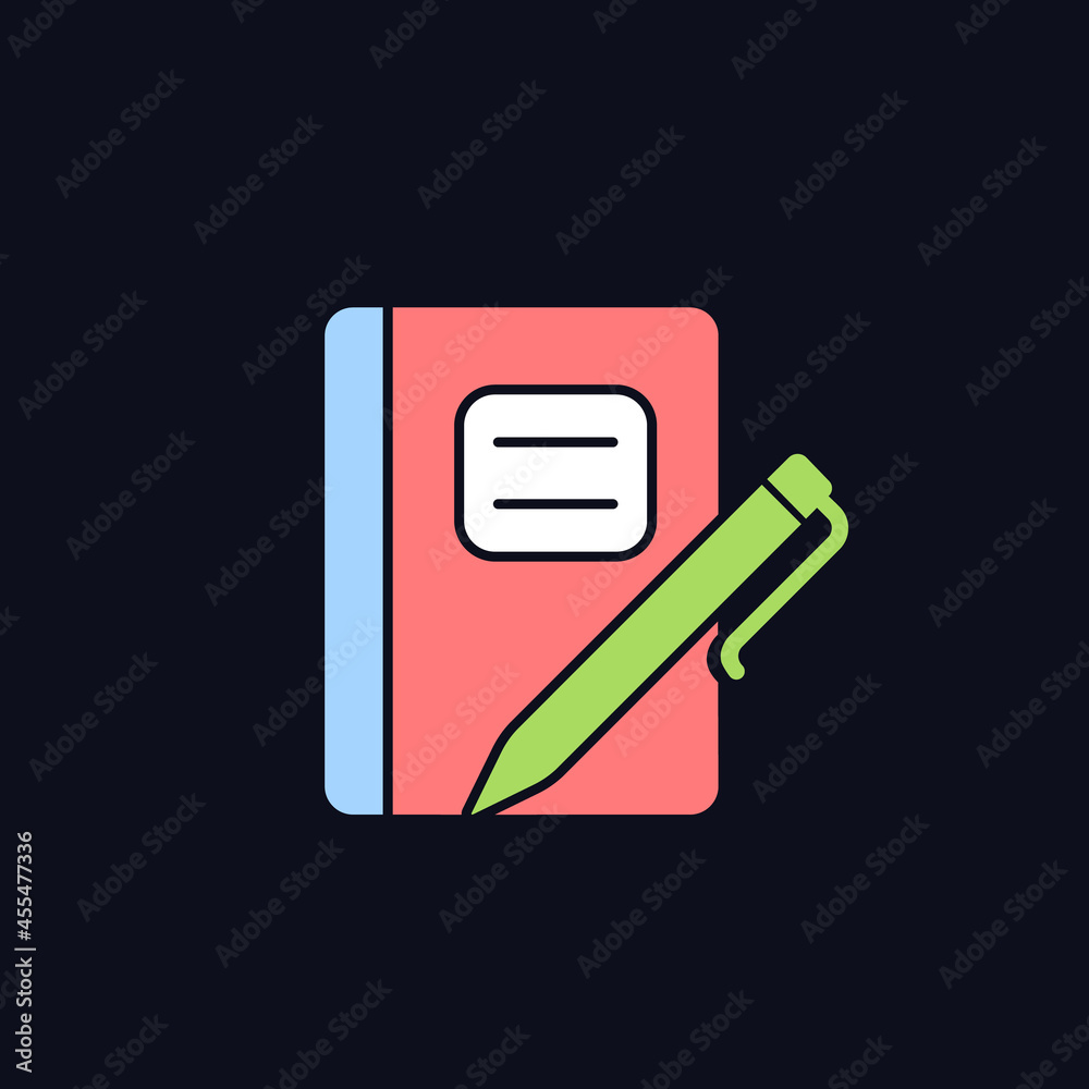 Graph composition notebook with pen RGB color icon for dark theme. Use for school notes. Pocket journal. Isolated vector illustration on night mode background. Simple filled line drawing on black Graph composition notebook with pen RGB color icon for dark theme. Use for school notes. Pocket journal. Isolated vector illustration on night mode background. Simple filled line drawing on black