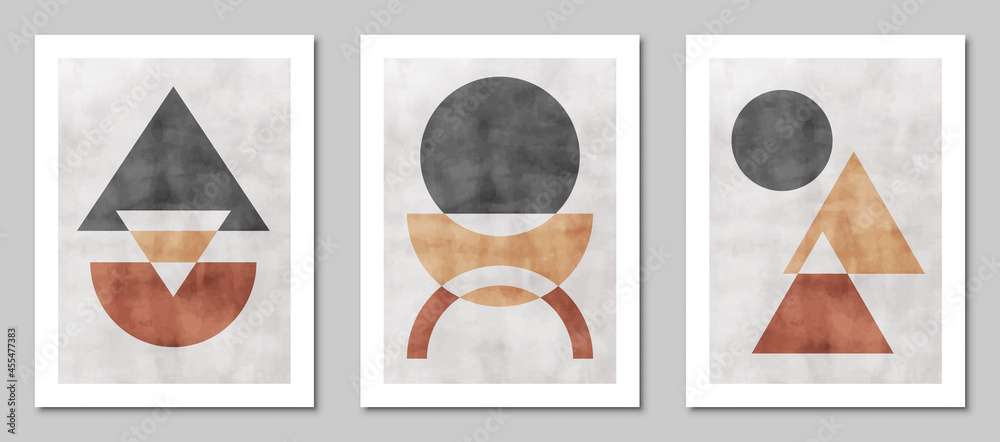Set of trendy contemporary abstract creative minimalist compositions for wall decoration, postcard or brochure cover design in vintage style art. EPS10 vector.