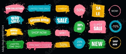 Set of colorful paint, ink, grunge, dirty brush strokes, splatters, dirty boxes. Hand painted frame, background.