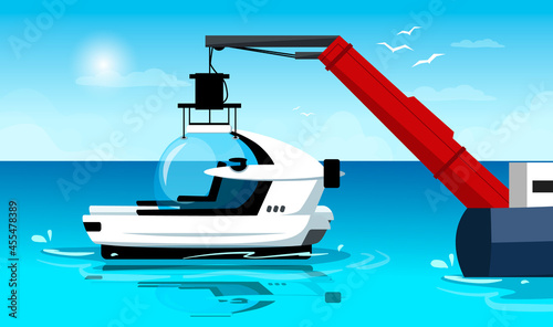 Bathyscaphe is putting on sea water by hoisting crane. Horizon with seagulls, clouds and sun. Concept of underwater travel and trip. Vector graphic illustration