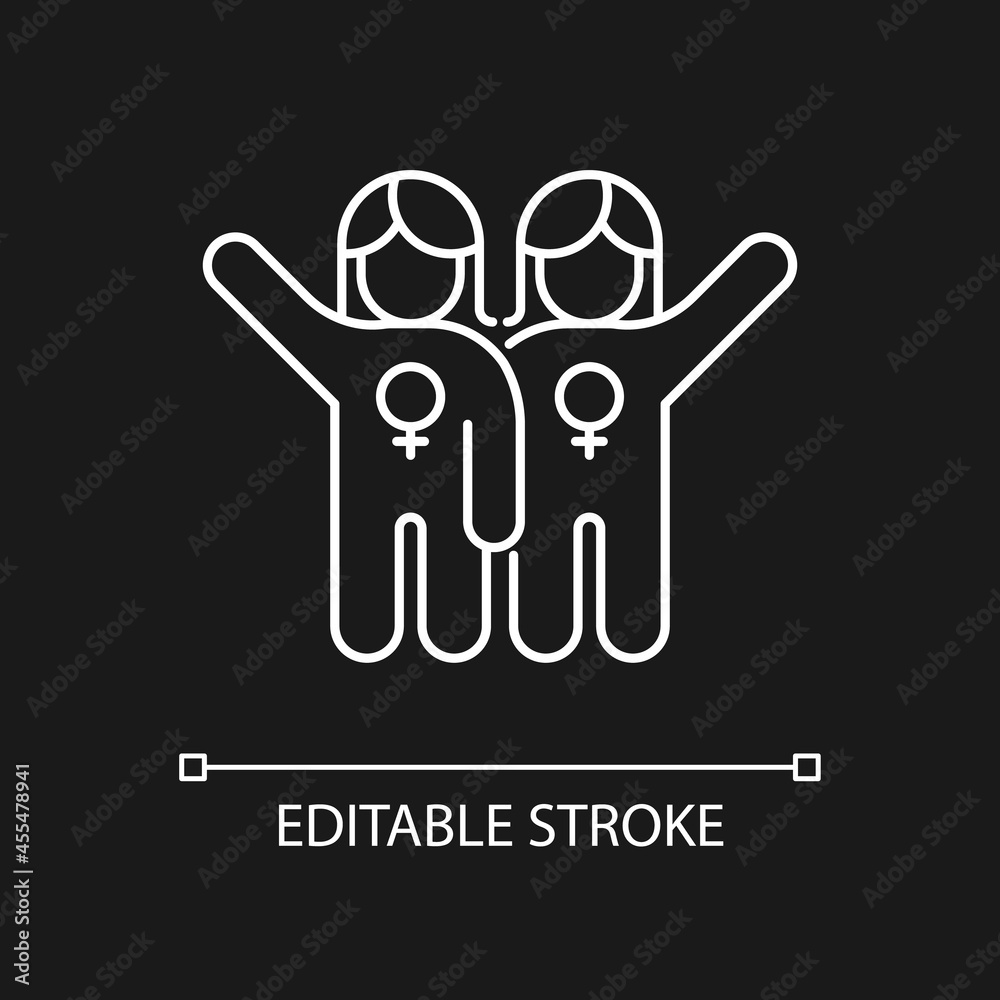 Female friendship white linear icon for dark theme. Sisterhood. Girl power. Like-minded women. Thin line customizable illustration. Isolated vector contour symbol for night mode. Editable stroke