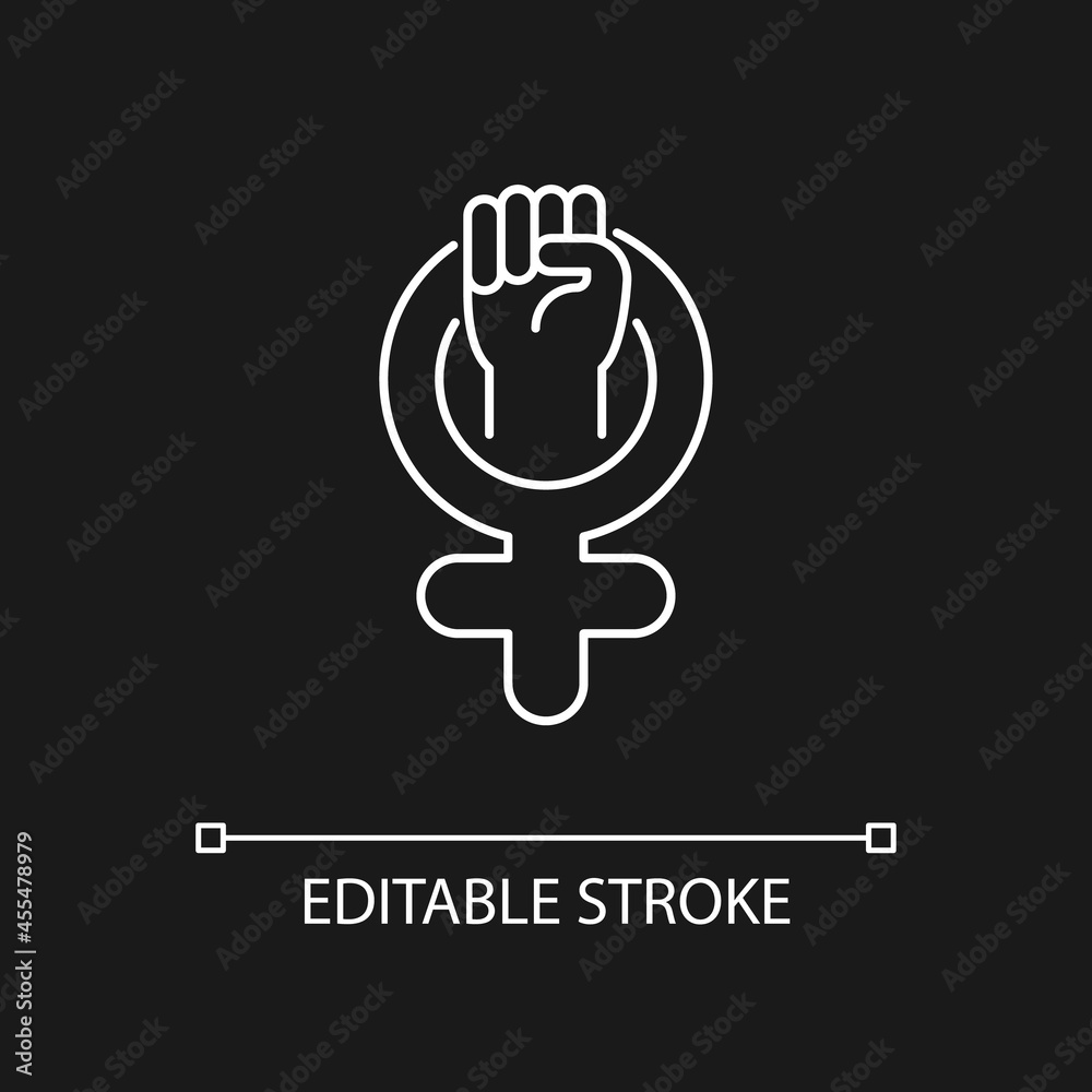 Female symbol white linear icon for dark theme. Pride in sisterhood. Clenched fist in venus sign. Thin line customizable illustration. Isolated vector contour symbol for night mode. Editable stroke Female symbol white linear icon for dark theme. Pride in sisterhood. Clenched fist in venus sign. Thin line customizable illustration. Isolated vector contour symbol for night mode. Editable stroke
