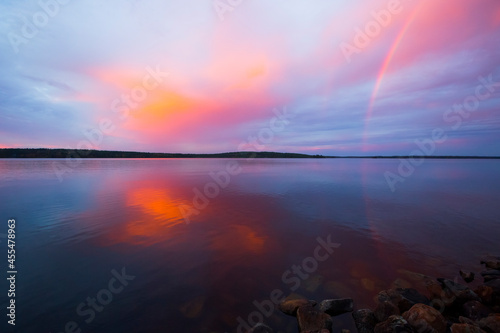 Autumn sunset and rainbow in Lapland  Finland