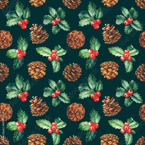 New year background. Christmas seamless pattern, watercolor illustration. Holly, pine cone