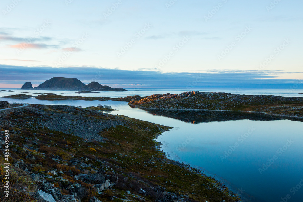 Autumn sunset and landscape in Nordkapp. northern Norway