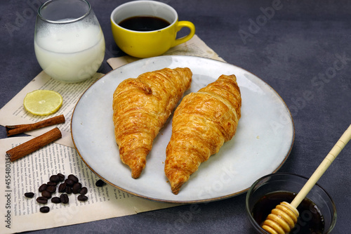 Croissant and coffee for breakfast. 