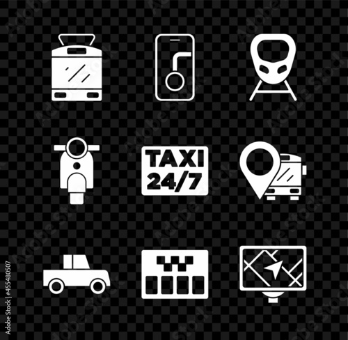 Set Tram and railway, City map navigation, High-speed train, Car, Taximeter, Gps device with, Scooter and Location taxi icon. Vector