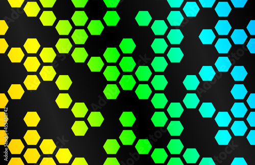 Abstract background with black hexagons and yellow green blue backlight. Vector