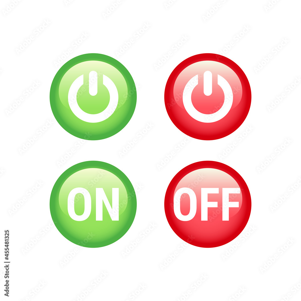 On and off switch vector button. Green and red shiny or glossy icon set. On and off switch vector button. Green and red shiny or glossy icon set.