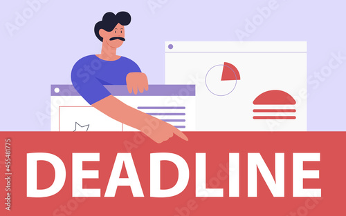 Deadline concept, time management control vector illustration. Cartoon businessman character pointing with finger to deadline lettering, manager holding big program windows with graphs and diagrams
