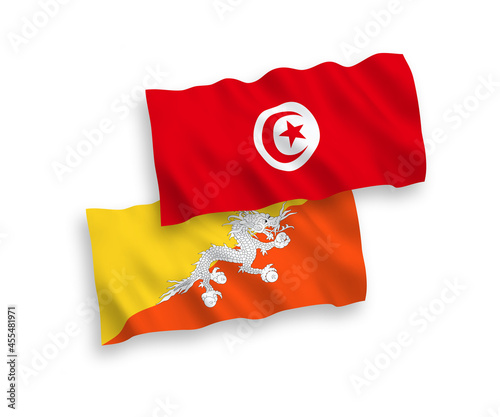 Flags of Kingdom of Bhutan and Republic of Tunisia on a white background