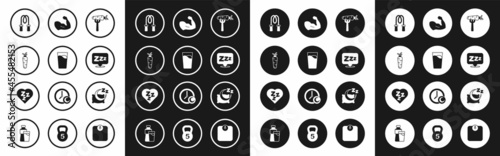 Set Carrot on fork, Glass with water, Jump rope, Sleepy, Bodybuilder muscle, Time to sleep and icon. Vector