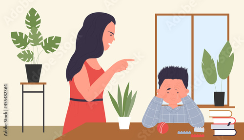 Family abuse violence, mother screaming unhappy crying kid son vector illustration. Cartoon angry woman parent character quarreling sad victim boy, sitting at table with toys and books background