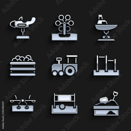 Set Toy train, Volleyball net with ball, Sandbox sand, Horizontal bar, Seesaw, Pool balls, Swing boat and plane icon. Vector