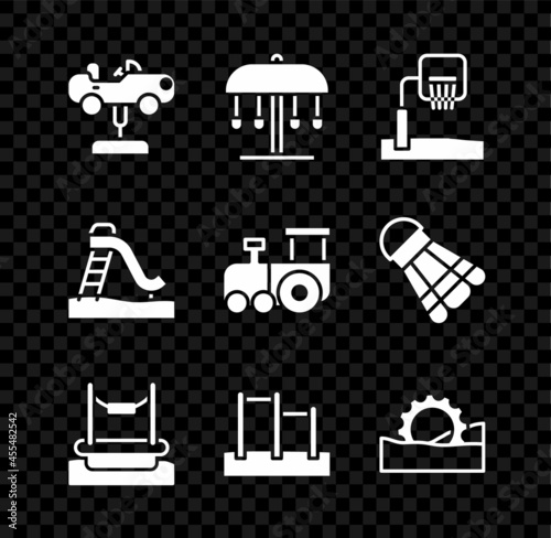 Set Swing car, Attraction carousel, Basketball backboard, Bungee, Horizontal bar, Ferris wheel, Kid slide and Toy train icon. Vector