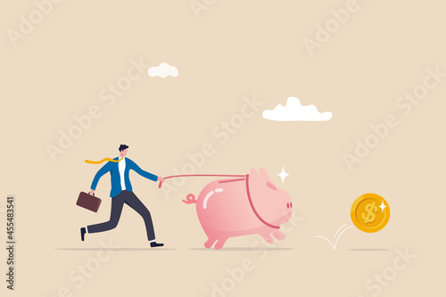 Best investment, money working for you or mutual fund return, savings or wealth management, searching for yield concept, businessman investor walking savings piggybank hunting for dollar money return.