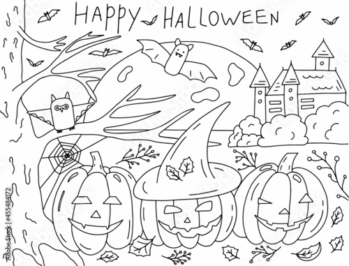Coloring book for children Halloween. Vector doodle illustration. Hand drawn elements for the holiday. Pumpkins and bats and a full moon and a castle and an owl