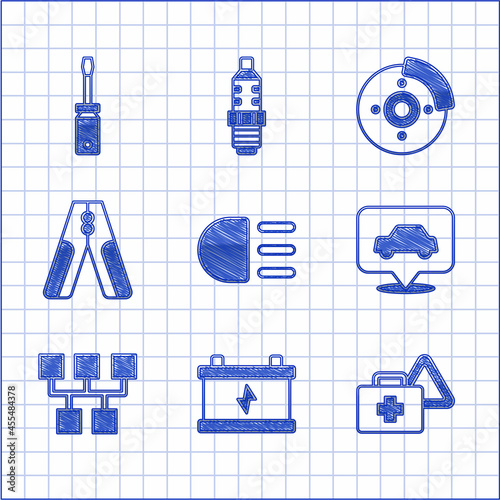 Set High beam, Car battery, First aid kit and warning triangle, service, Gear shifter, jumper power cable, brake disk with caliper and Screwdriver icon. Vector