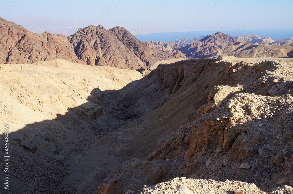 Hiking in mountains near Eilat in evening twilight