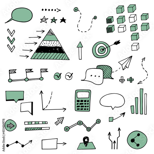 Vector hand drawn infographic illustration. Set of business doodles icons. Sketch of business processes. Concept visual business strategy, project. Set of hand-drawn arrows, elements for presentation.