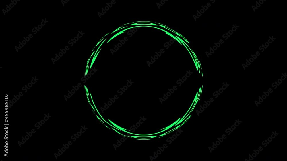 Chaotic movement of green curved lines. Isolated geometric shape of a circle on a black abstract background. Space for the text, logo, product presentation. High resolution 4k Chaotic movement of green curved lines. Isolated geometric shape of a circle on a black abstract background. Space for the text, logo, product presentation. High resolution 4k