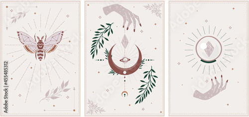 Cosmic wall art esoteric set. Set of alchemy mystical magic celestial talisman with woman hands, sun, moon, stars sacred geometry isolated. 