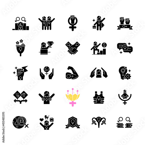Feminism symbols black glyph icons set on white space. Supporting equal rights for women. Pride in sisterhood. Girl power. Freedom of choice. Silhouette symbols. Vector isolated illustration