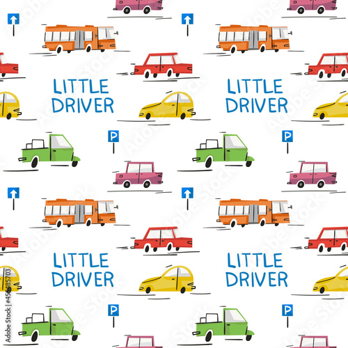 Cartoon cars isolated on white background. Hand drawn doodle pattern. Childish flat vector, ideal for kid t shirt print, poster design, textile