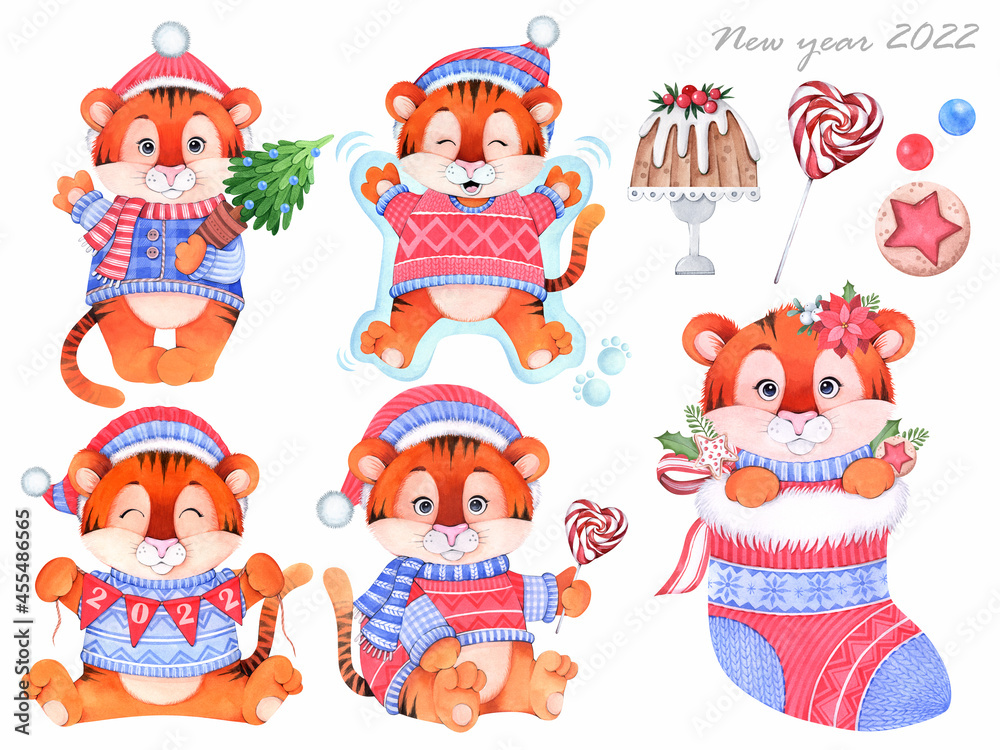 Cartoon tigers on a white background. Symbol of 2022. New Year's set for postcards. Watercolor illustration. Cartoon tigers on a white background. Symbol of 2022. New Year's set for postcards. Watercolor illustration.