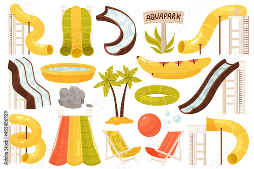 Waterpark equipment set, slide tube with flowing water attraction vector illustration. Cartoon swimming pool, inflatable ring and yellow banana mattress plastic for summer park isolated on white